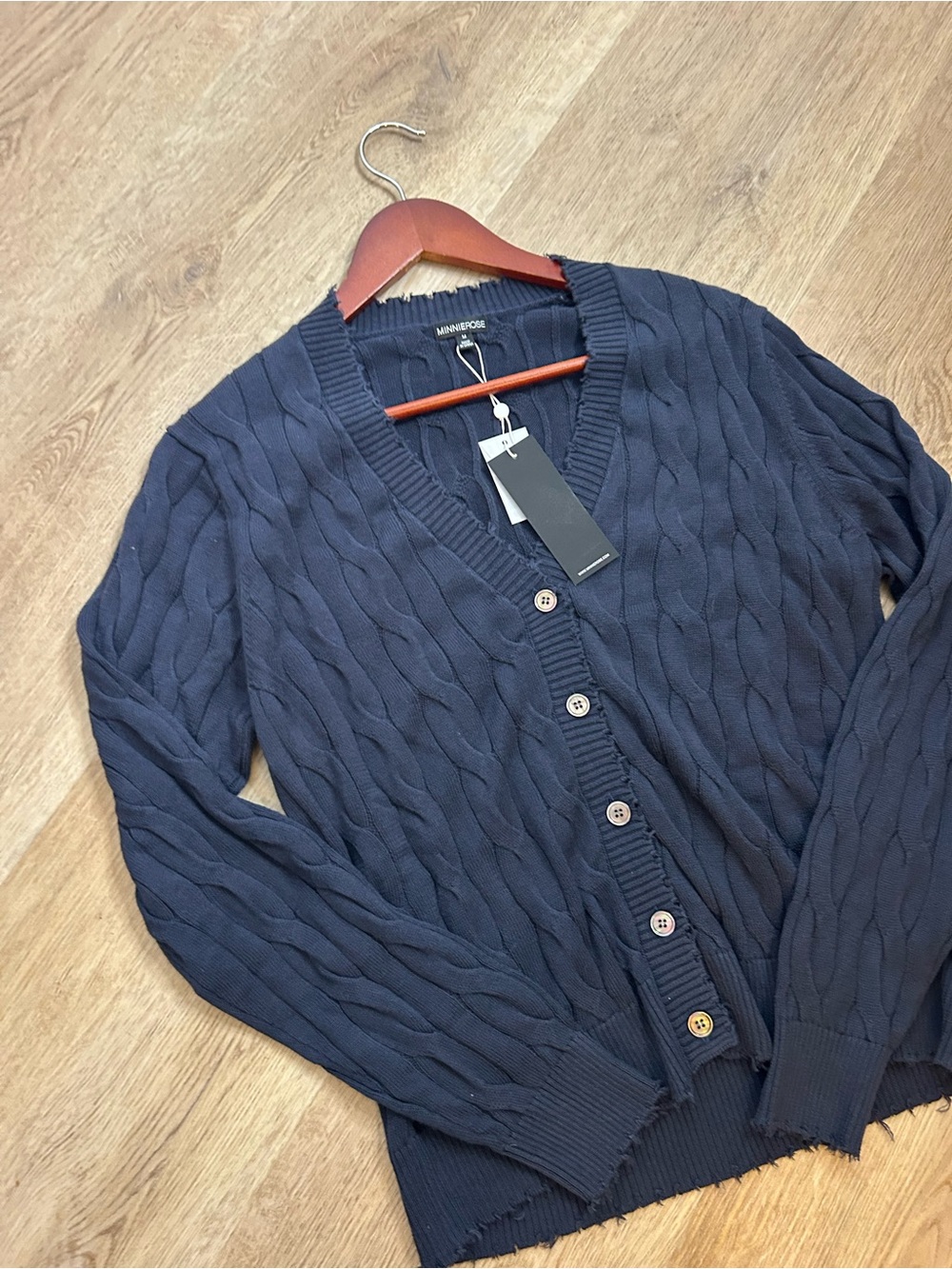NWT Minnie Rose 100% Cotton Navy Blue Cable Knit Distressed Button Down Cardigan